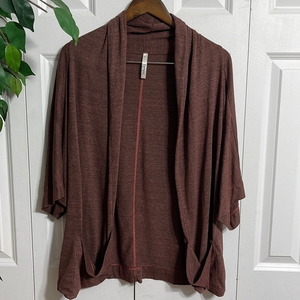 Fluxus Size S Open Front Cardigan Womens Brown Short Sleeve Shawl Collar Pockets